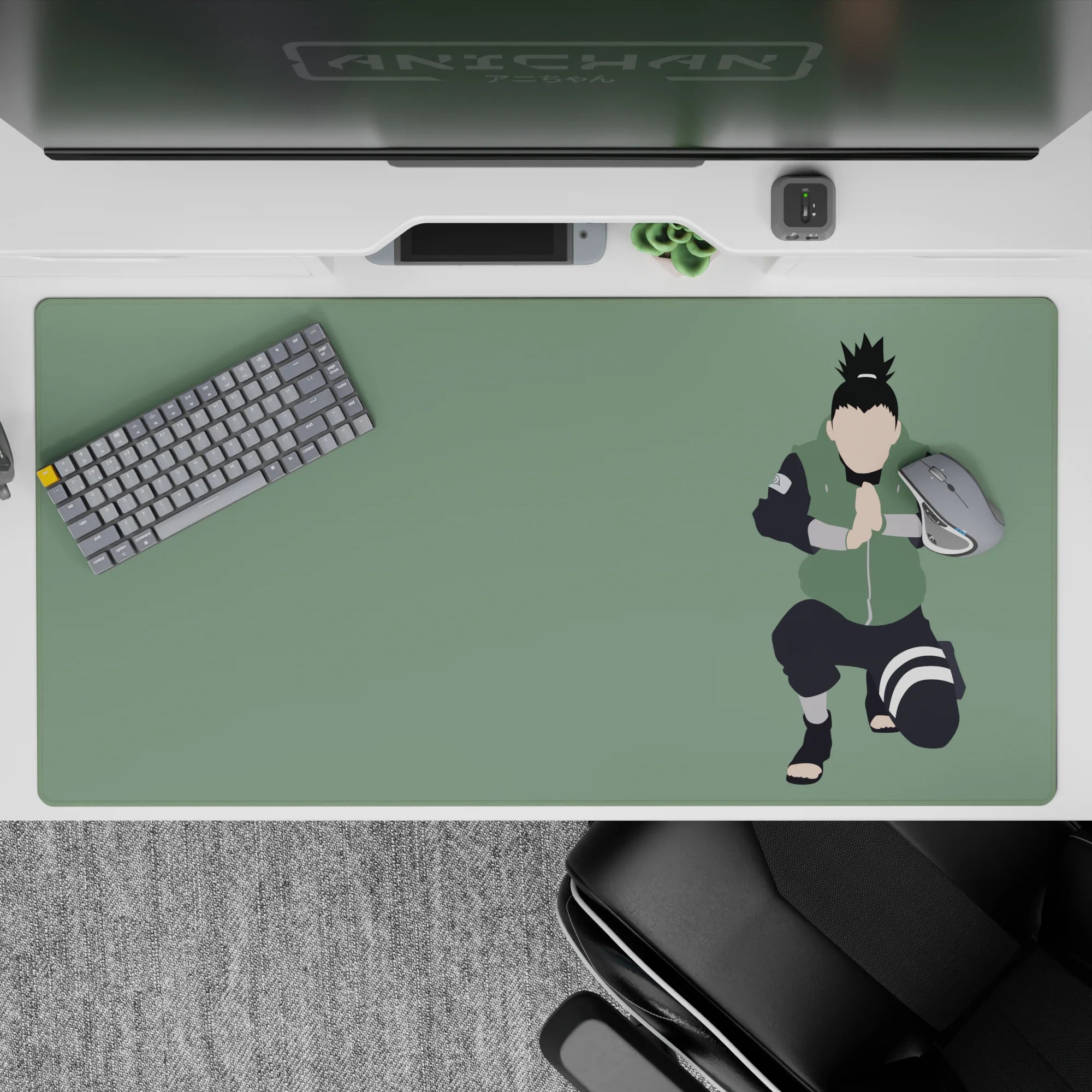 Sage green anime desk pad 40x20 inches with calm chill vibe and smooth mouse tracking for gaming.