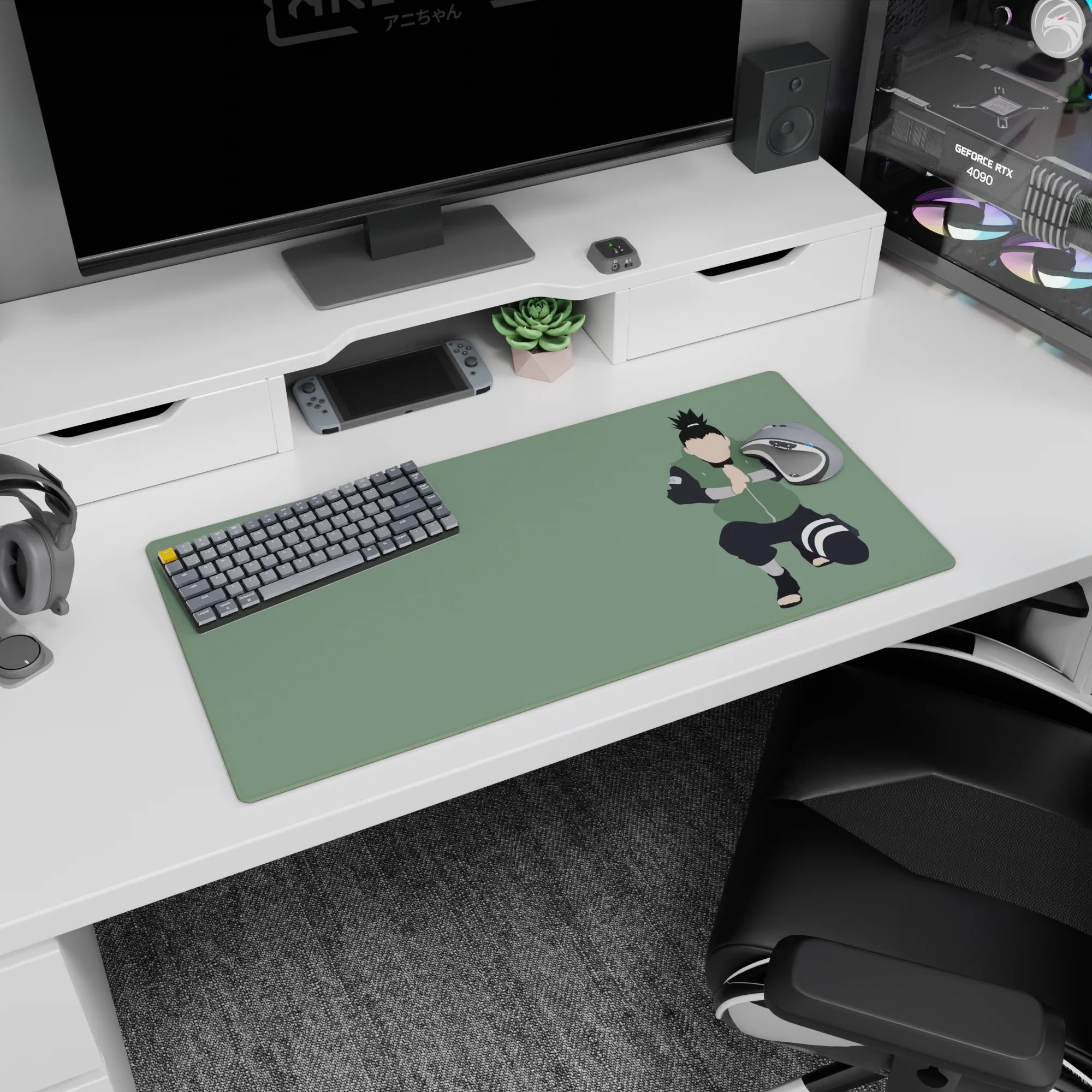 Shikamaru Nara mid-hand sign on a 32x16 inches anime mouse pad, calm expression, sharp lines.