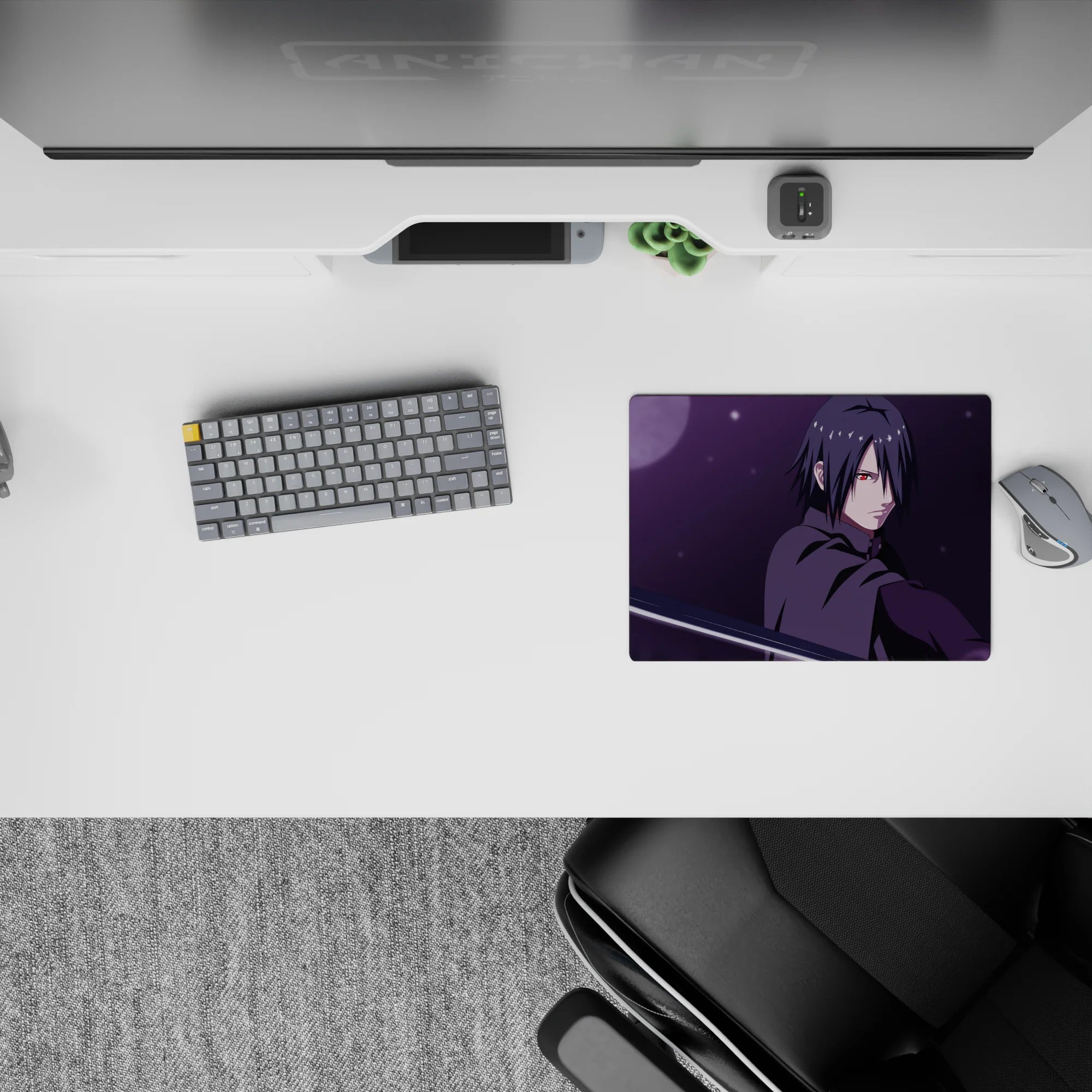Purple haze moonlight anime mouse pad 14x10 inches, icy silver blade shine, intense late-night vibe.