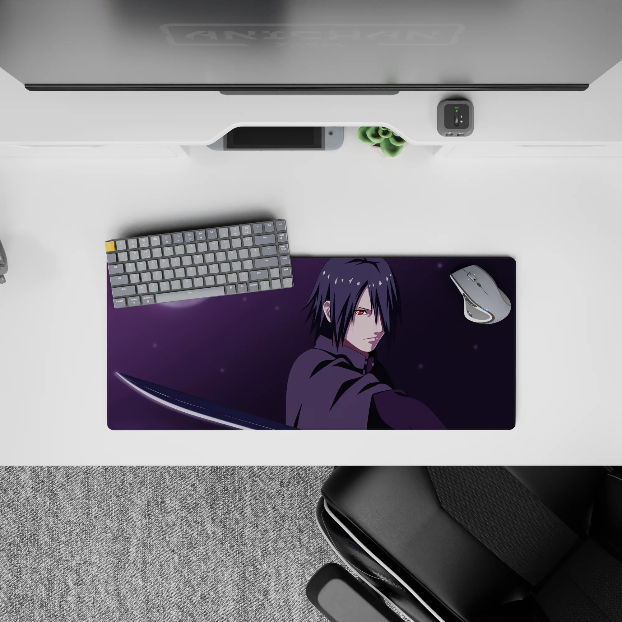 28x12 inches anime mouse pad in brooding moonlight, purple haze, icy silver blade, and crimson eye glow.
