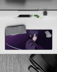 28x12 inches anime mouse pad in brooding moonlight, purple haze, icy silver blade, and crimson eye glow.