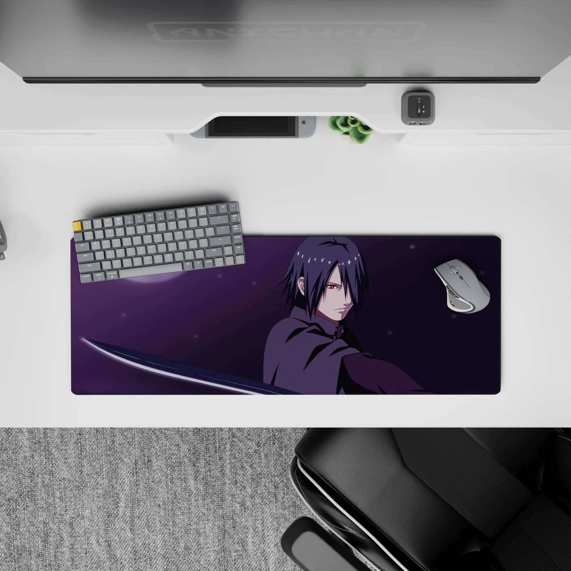32x12 inches anime mouse pad in brooding moonlight, purple haze, and icy silver accents.
