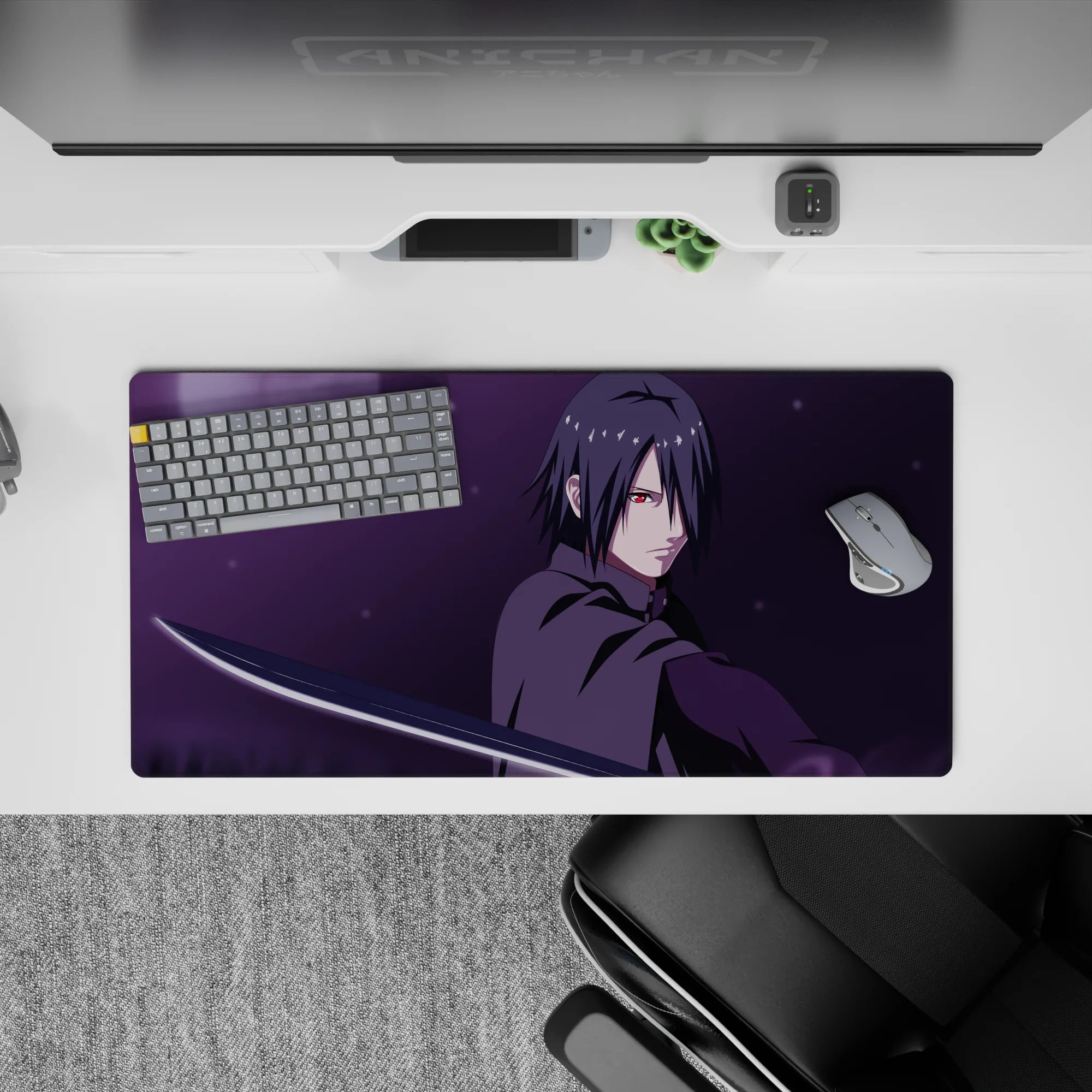 32x16 inches anime mouse pad in brooding moonlight purple haze, icy silver highlights, and crimson accents.