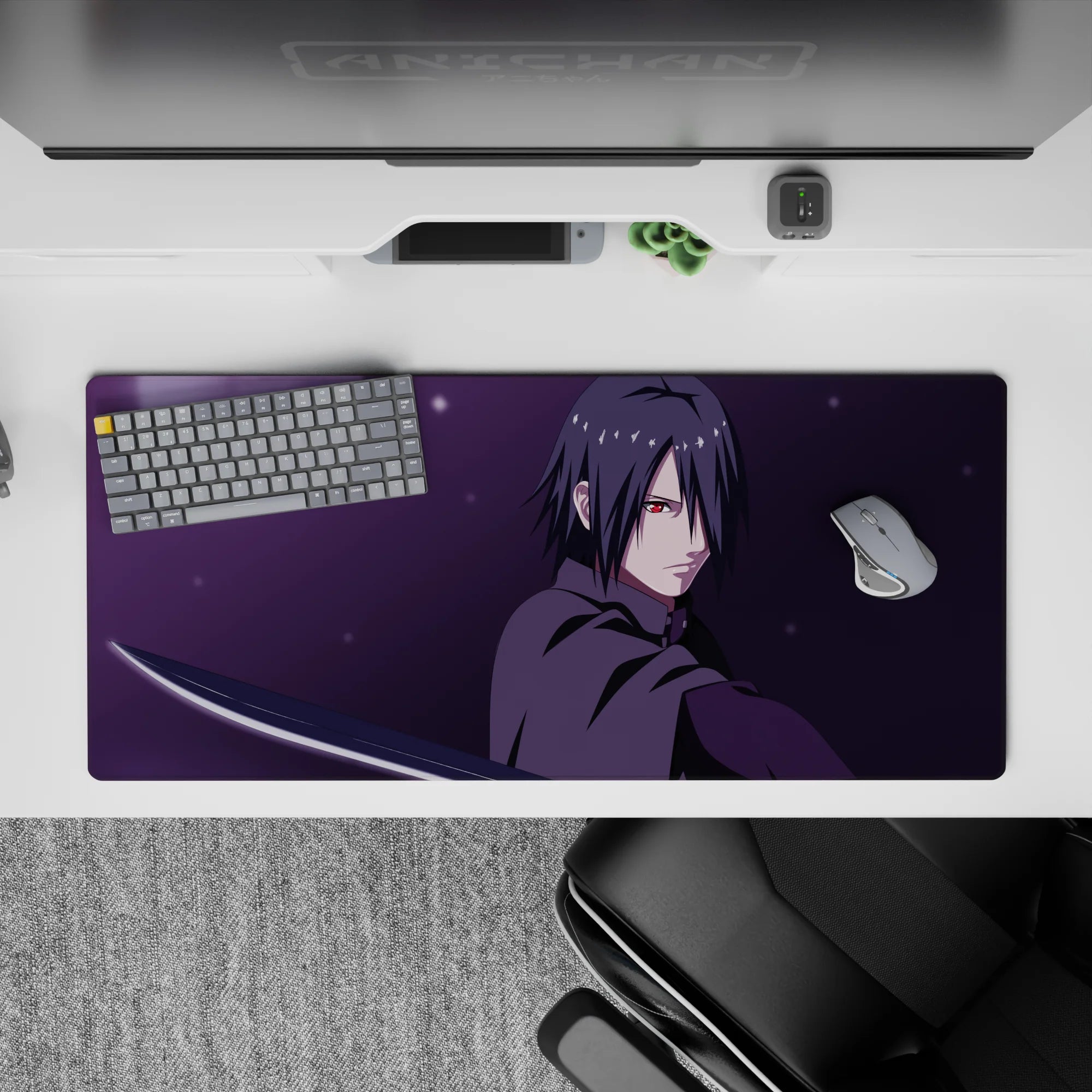 Moonlit purple haze anime desk pad 36x16 inches, deep charcoal tones with icy silver blade accents.