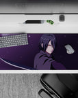 Moonlit purple haze anime desk pad 36x16 inches, deep charcoal tones with icy silver blade accents.