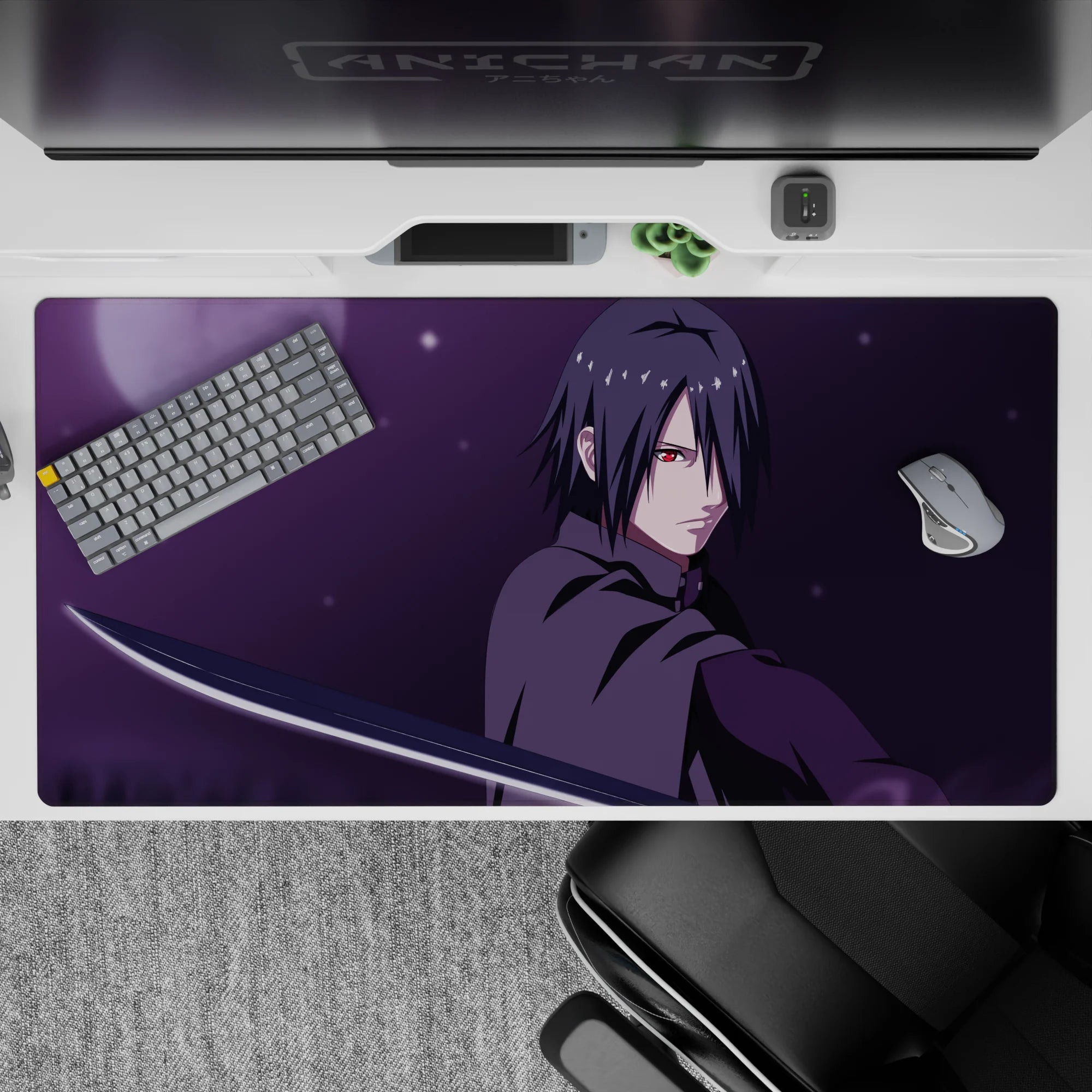 40x20 inches desk pad in brooding moonlight, purple haze, icy silver shine, crimson eye accents.
