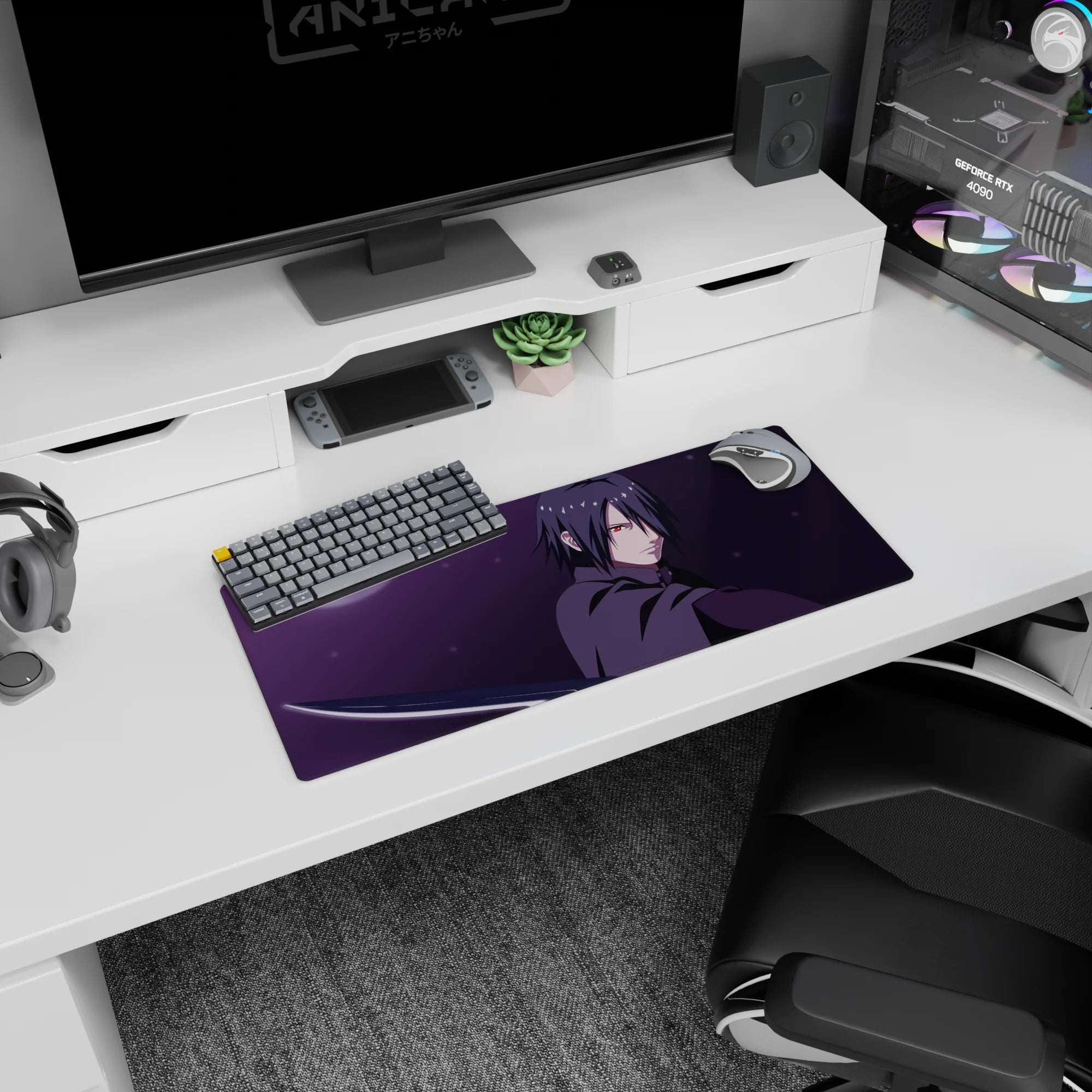 28x12 inches Naruto mouse pad with Sasuke staring forward, Sharingan blazing beside a shining katana slice.