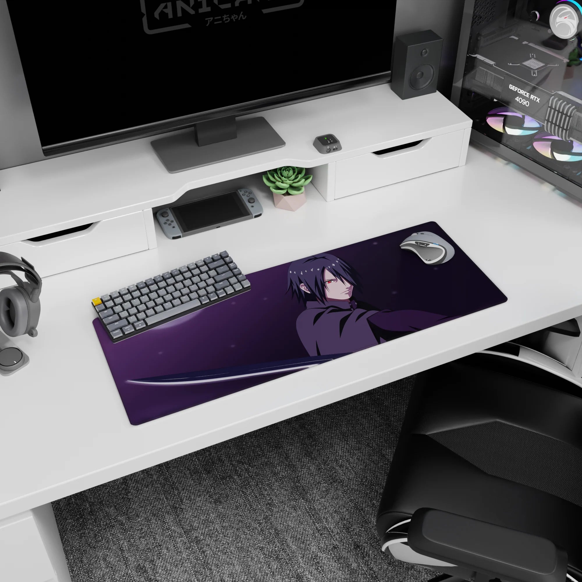 32x12 inches Naruto mouse pad featuring Sasuke Uchiha staring forward with crimson Sharingan and katana.