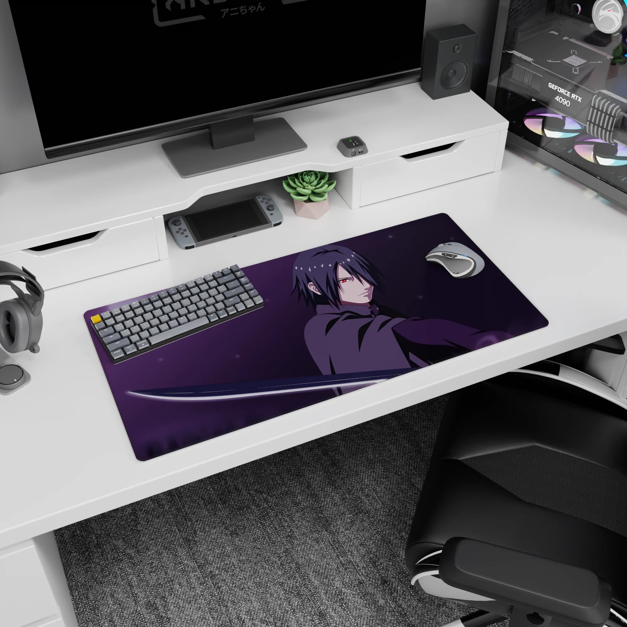 32x16 inches Naruto mouse pad showing Sasuke Uchiha with crimson Sharingan stare and katana gleam.