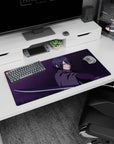 32x16 inches Naruto mouse pad showing Sasuke Uchiha with crimson Sharingan stare and katana gleam.