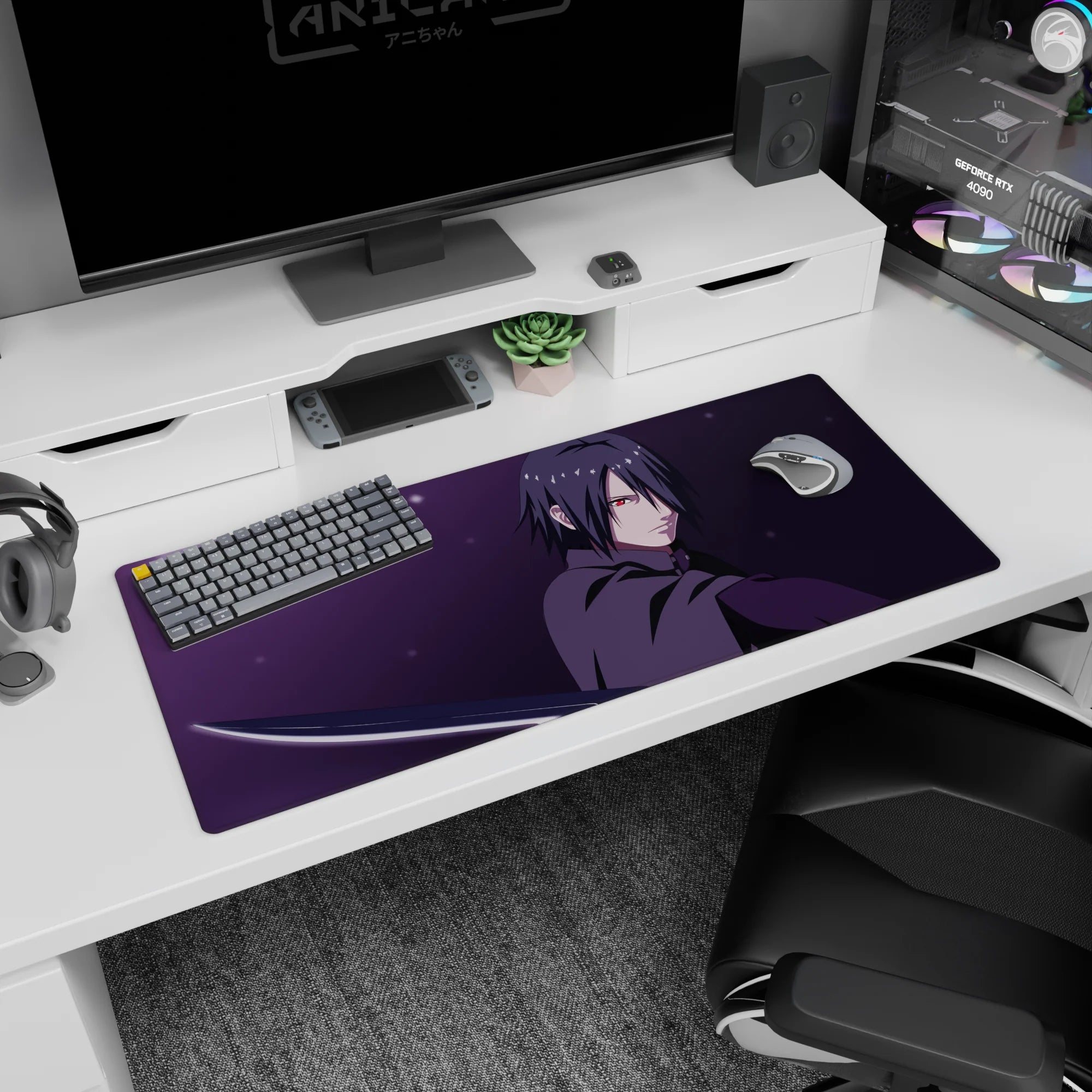 Sasuke Uchiha staring forward on anime desk pad 36x16 inches, crimson Sharingan and katana slash.