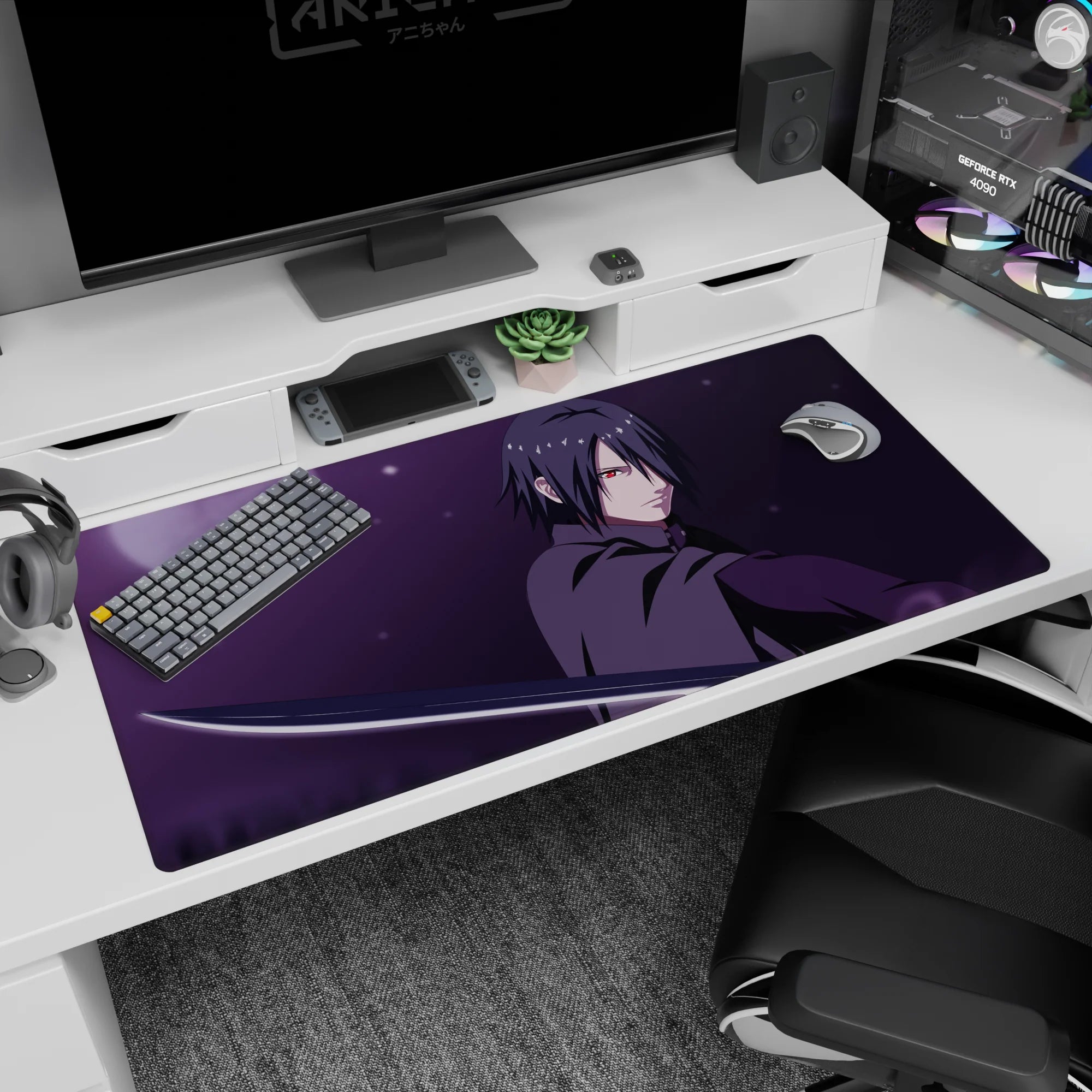 40x20 inches Naruto desk pad featuring Sasuke Uchiha staring forward, Sharingan glowing by his sword.