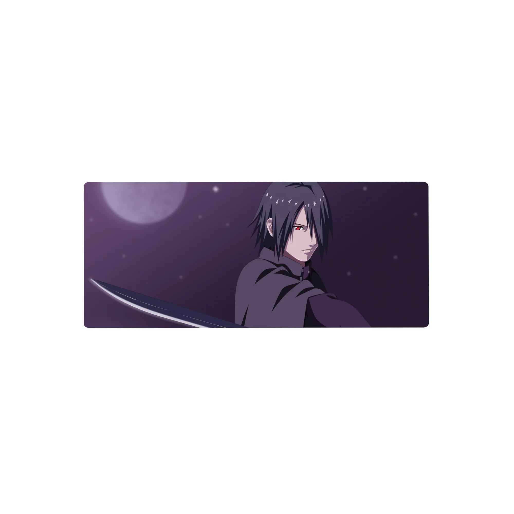 28x12 inches anime mouse pad featuring Sasuke Uchiha with katana and Sharingan, sleek clean-line design.