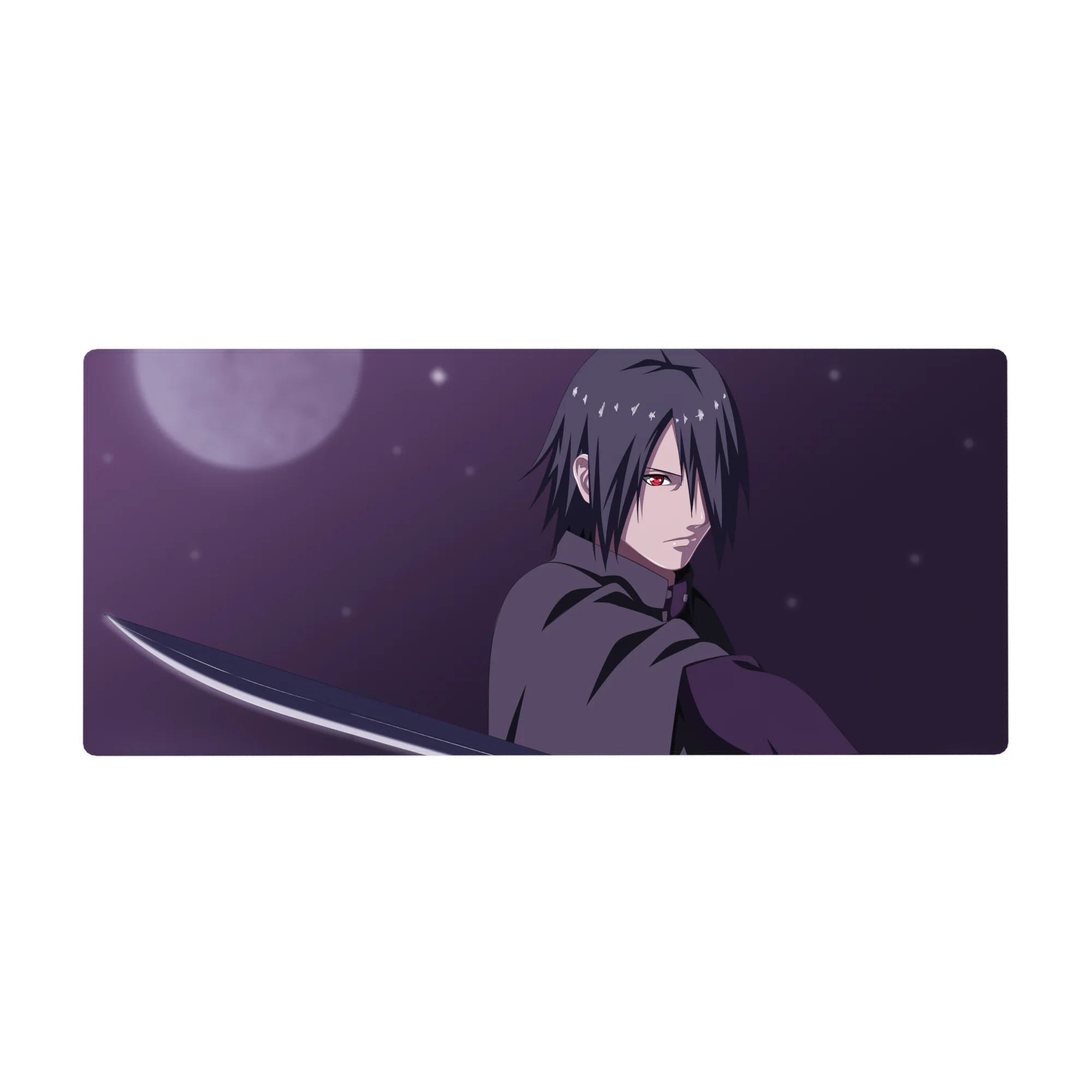 Anime desk pad 36x16 inches with sleek Sasuke-inspired katana and Sharingan art for gaming setups.