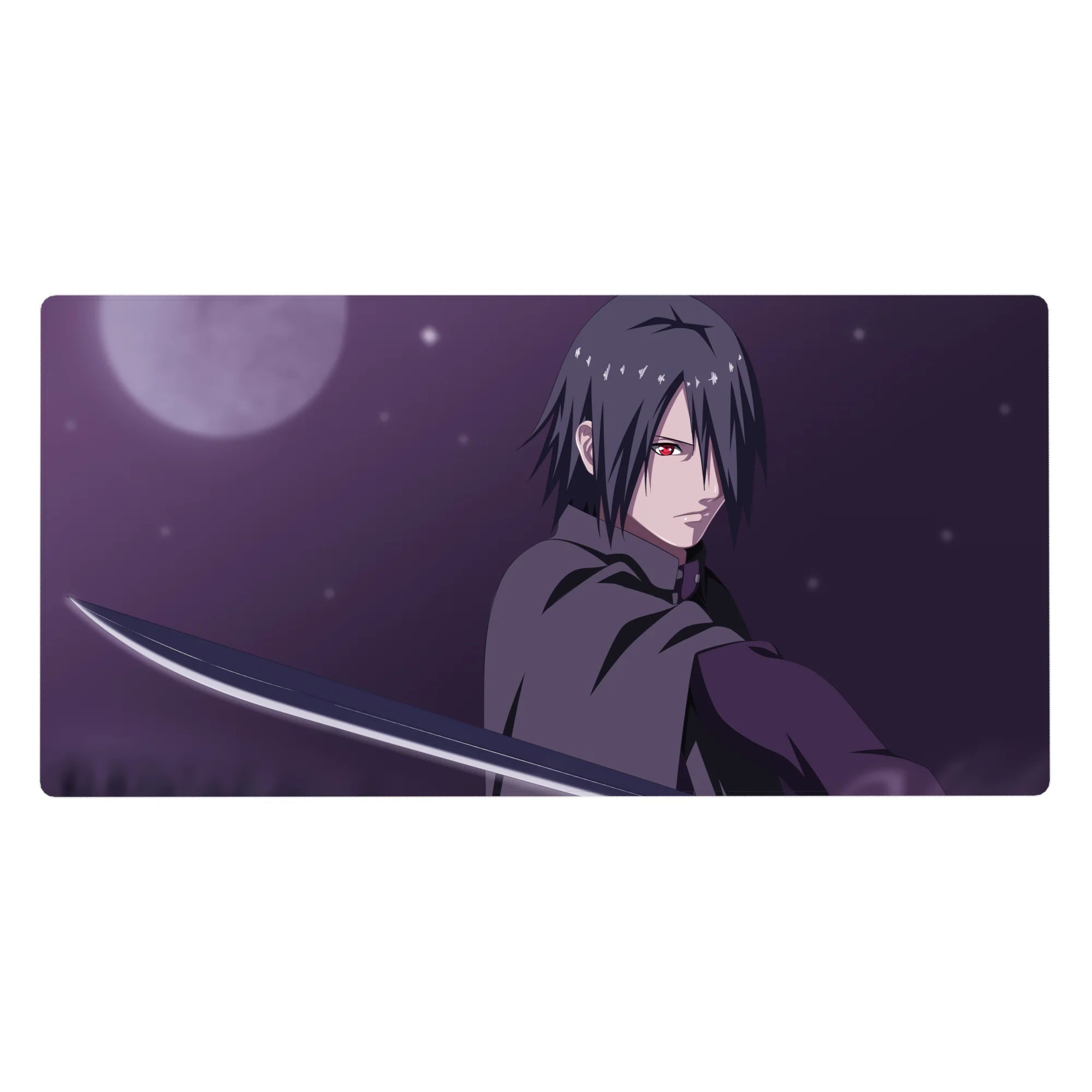 40x20 inches anime desk pad with Sasuke Uchiha, katana slash highlight, clean gradients and lines.