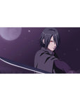 40x20 inches anime desk pad with Sasuke Uchiha, katana slash highlight, clean gradients and lines.