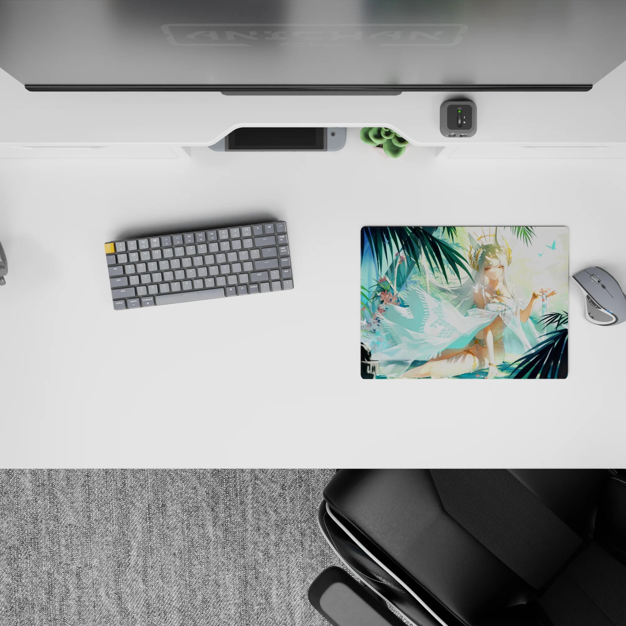 Dreamy aqua and teal anime girl mouse pad 14x10 inches, soft glow, floating petals, calm summer vibe.