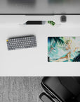 Dreamy aqua and teal anime girl mouse pad 14x10 inches, soft glow, floating petals, calm summer vibe.