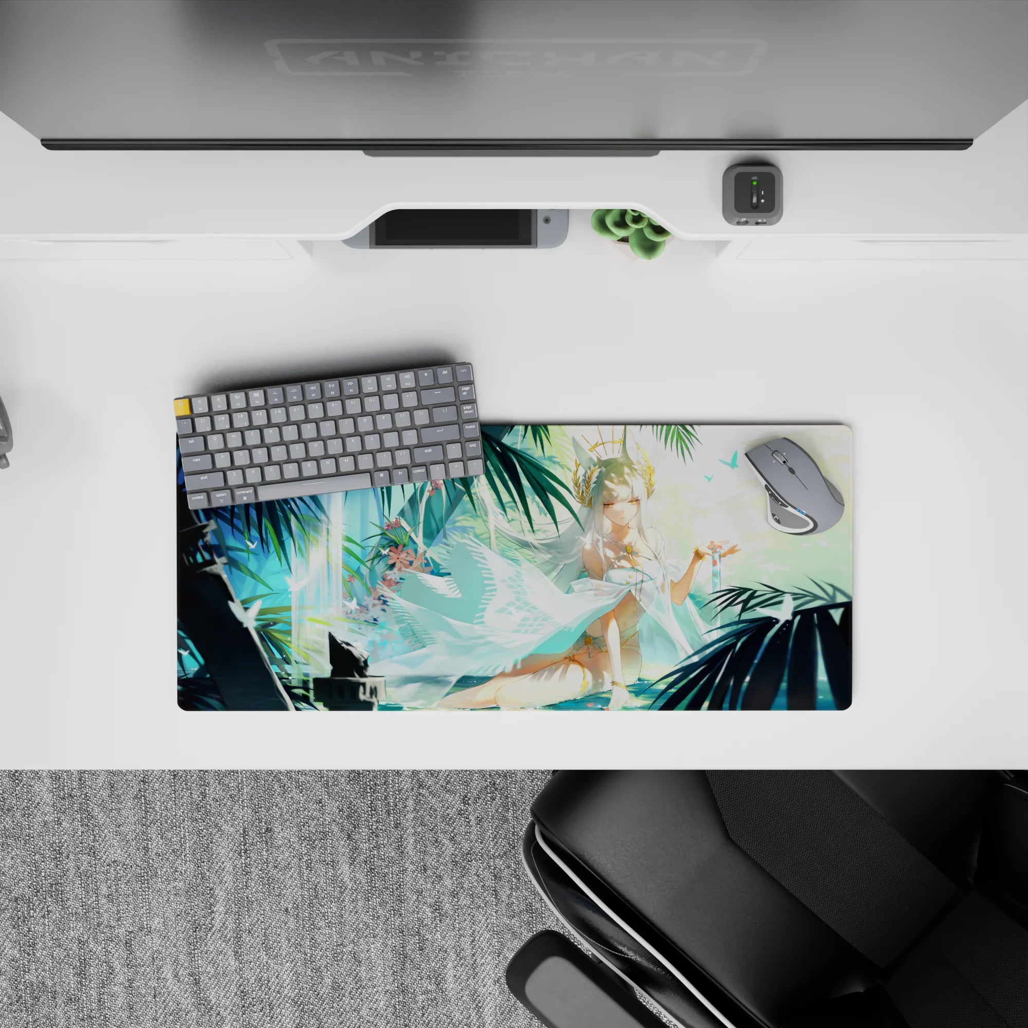 28x12 inches anime desk mat in soft aqua and deep teal, calm beach fantasy vibe with butterflies.