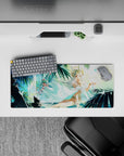 28x12 inches anime desk mat in soft aqua and deep teal, calm beach fantasy vibe with butterflies.