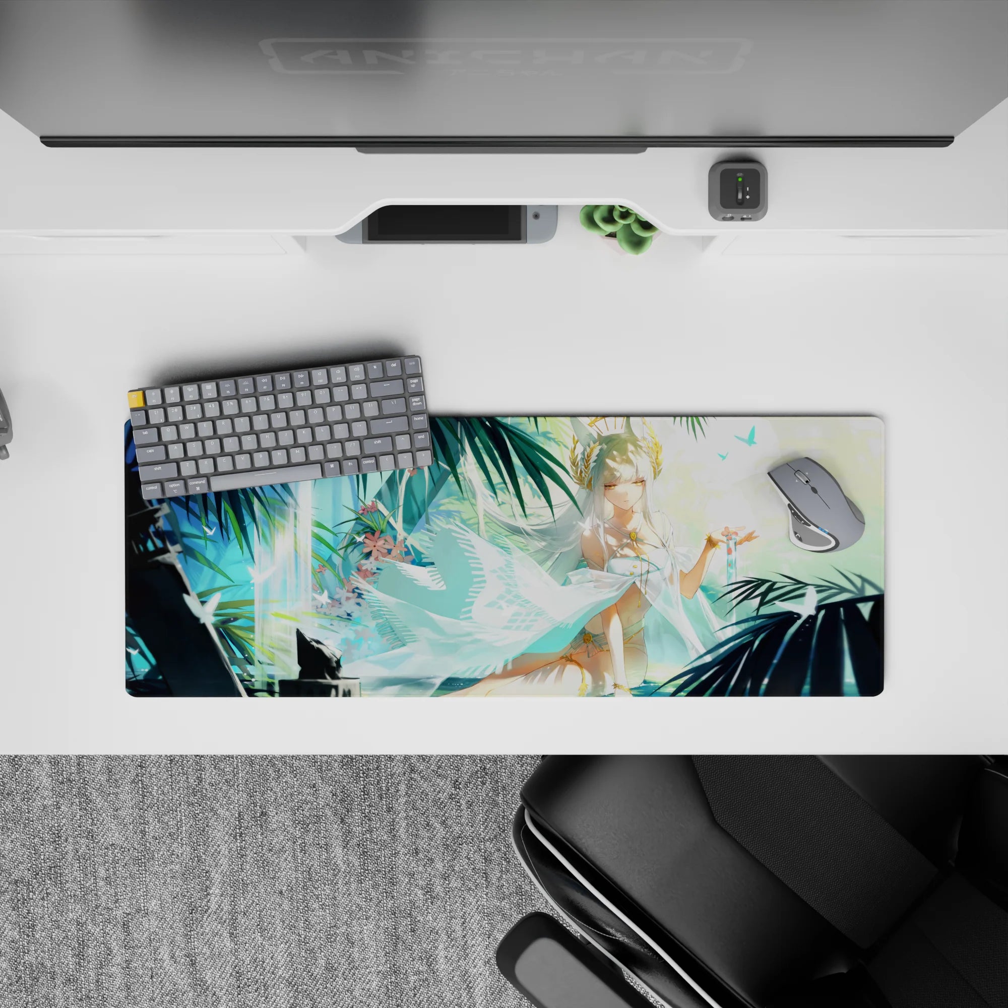 32x12 inches anime girl mouse pad in soft aqua and deep teal, calm beach shrine vibe with sparkles.