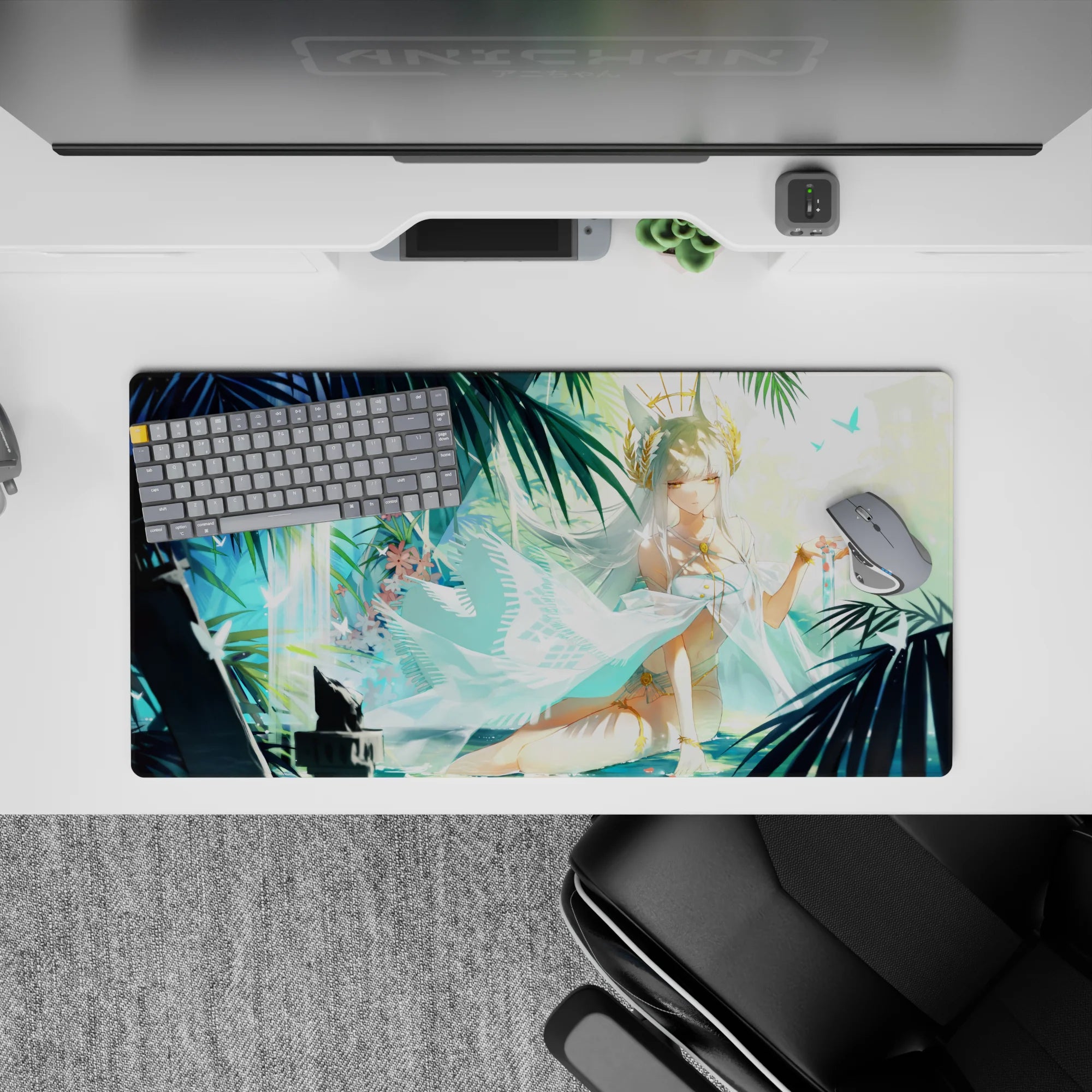 32x16 inches anime girl mouse pad in soft aqua and deep teal, calm summer fantasy beach shrine mood.