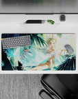 32x16 inches anime girl mouse pad in soft aqua and deep teal, calm summer fantasy beach shrine mood.