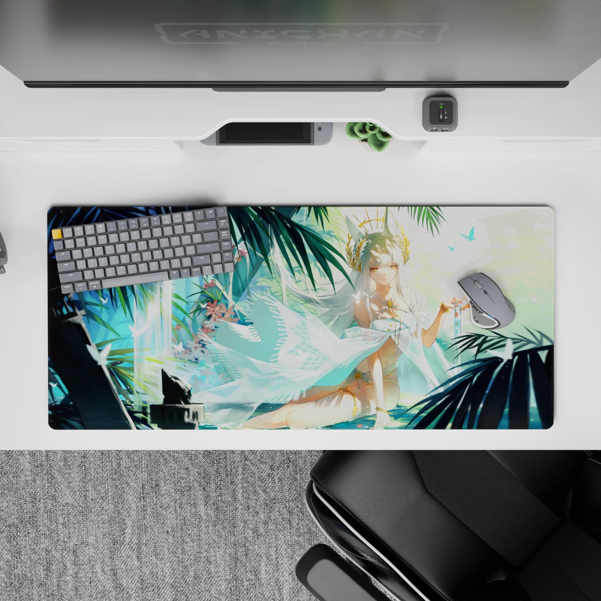 Dreamy aqua and teal anime girl desk pad 36x16 inches, calm beach shrine vibe with soft glow and sparkles.