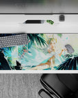 Dreamy aqua and teal anime girl desk pad 36x16 inches, calm beach shrine vibe with soft glow and sparkles.