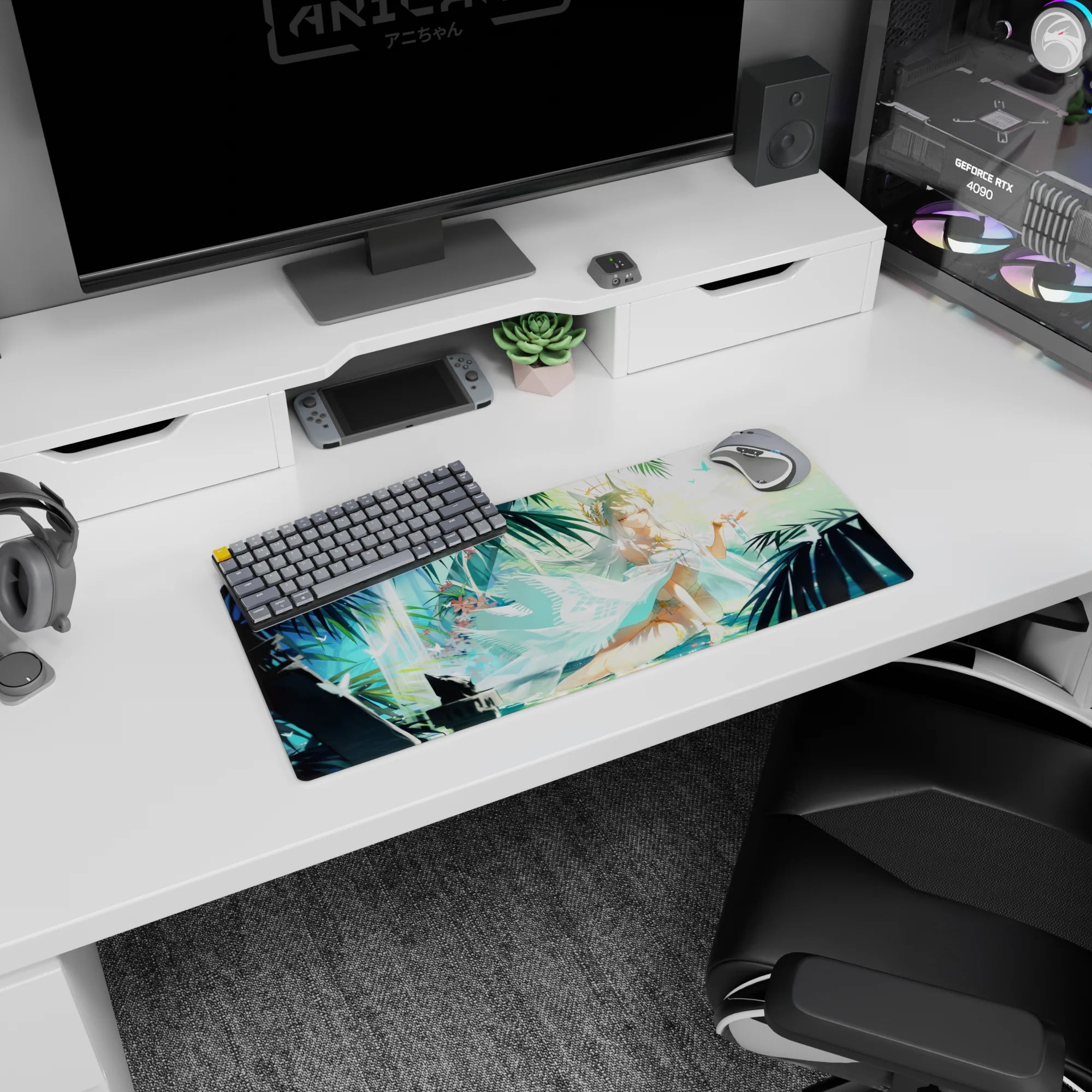 28x12 inches anime girl mouse pad showing crowned white-haired goddess lounging under palms with scarf.