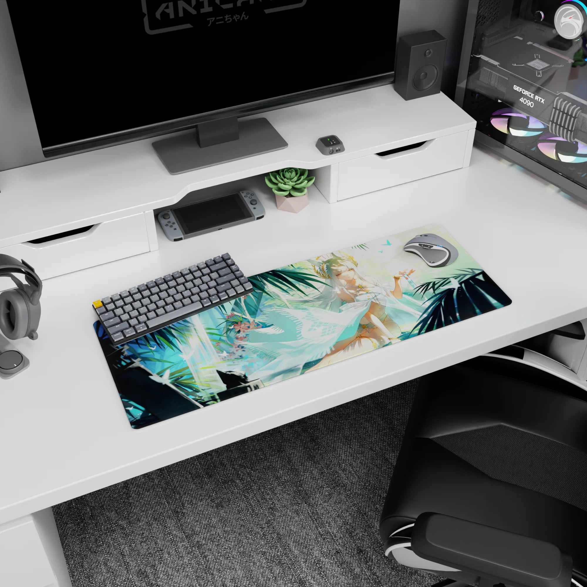 32x12 inches anime girl mouse pad showing a serene white-haired goddess under palms, scarf and butterflies.