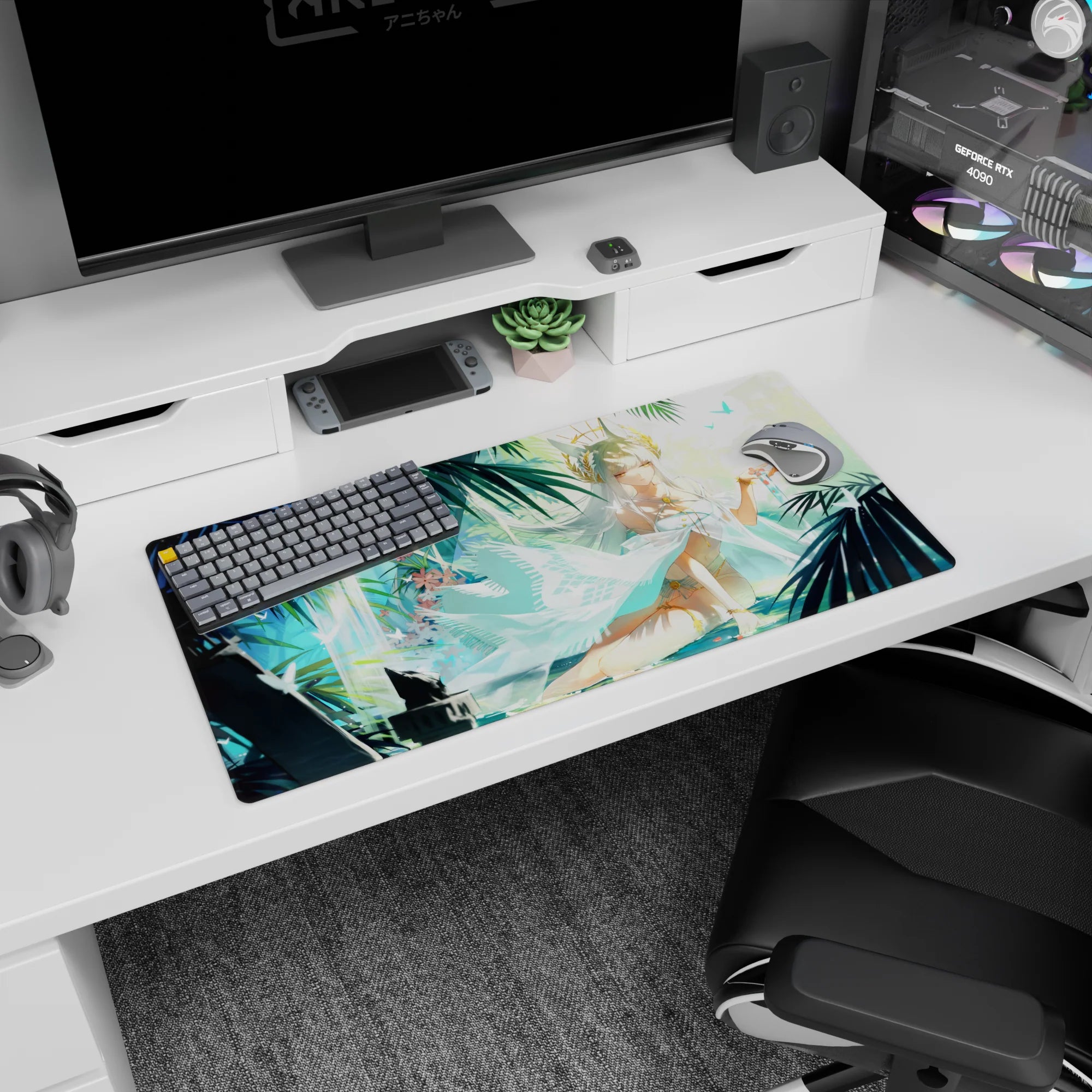 32x16 inches anime girl mouse pad showing a serene white-haired crowned goddess lounging under palms.