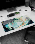 32x16 inches anime girl mouse pad showing a serene white-haired crowned goddess lounging under palms.