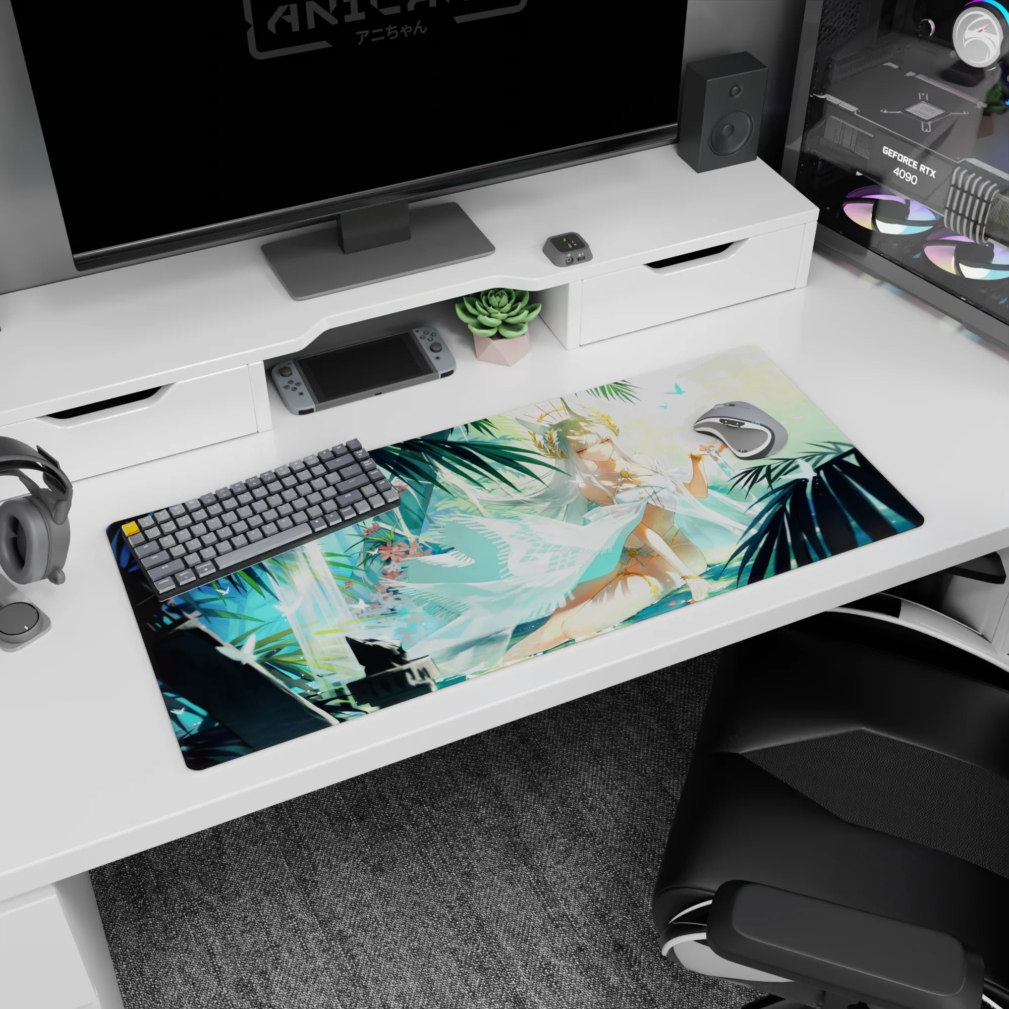 White-haired crowned goddess lounging under palms on anime desk pad 36x16 inches, floating petals and scarf.