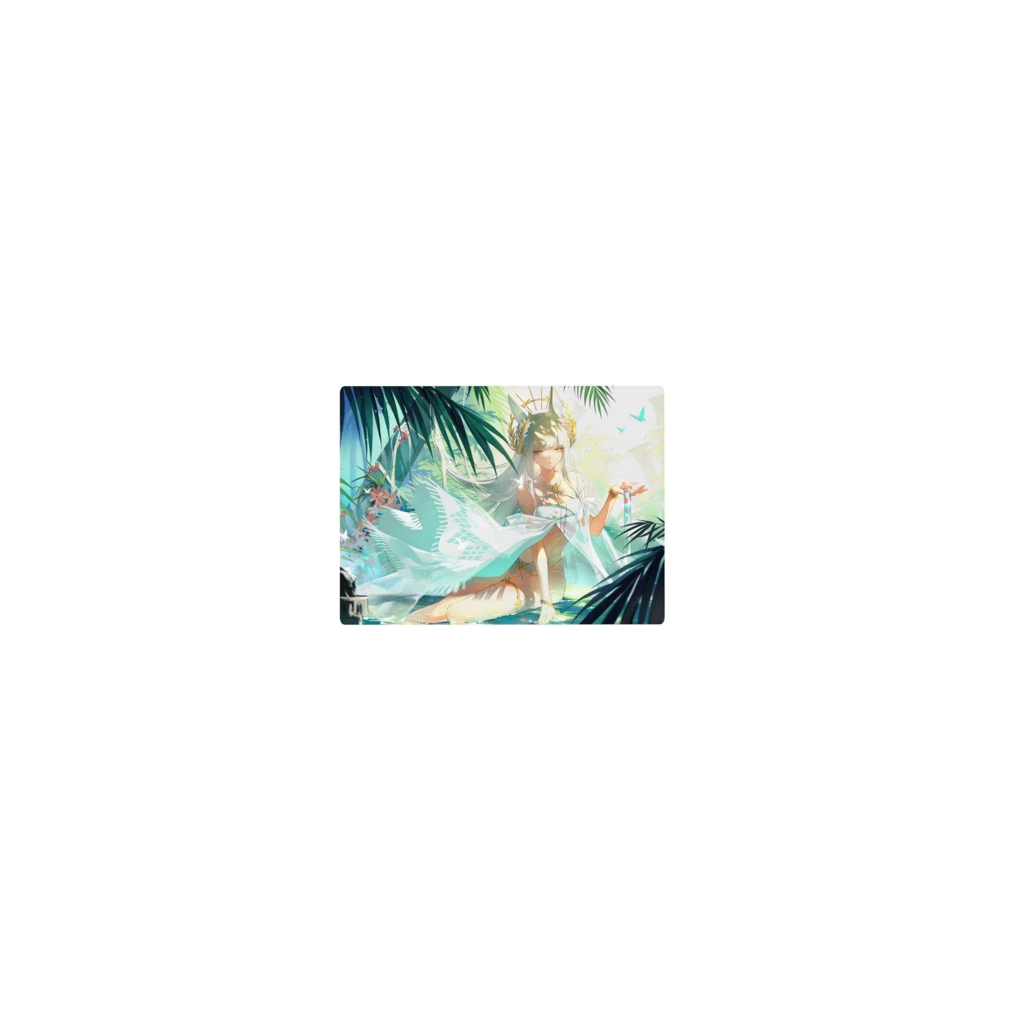Classic anime girl mouse pad 14x10 inches with white-haired goddess, tiny crown, teal palm beach fantasy.