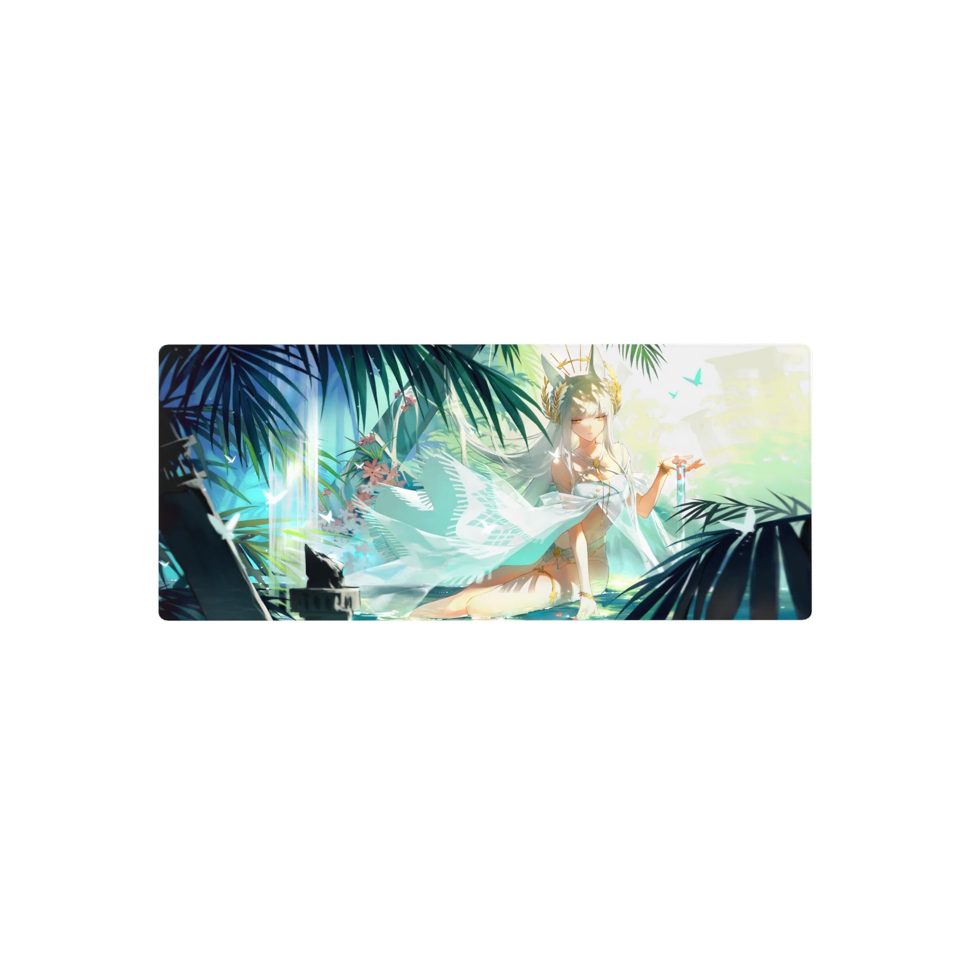 28x12 inches anime girl mouse pad with white-haired goddess, tiny crown, teal palms, aqua glow, petals.