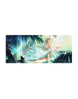 28x12 inches anime girl mouse pad with white-haired goddess, tiny crown, teal palms, aqua glow, petals.