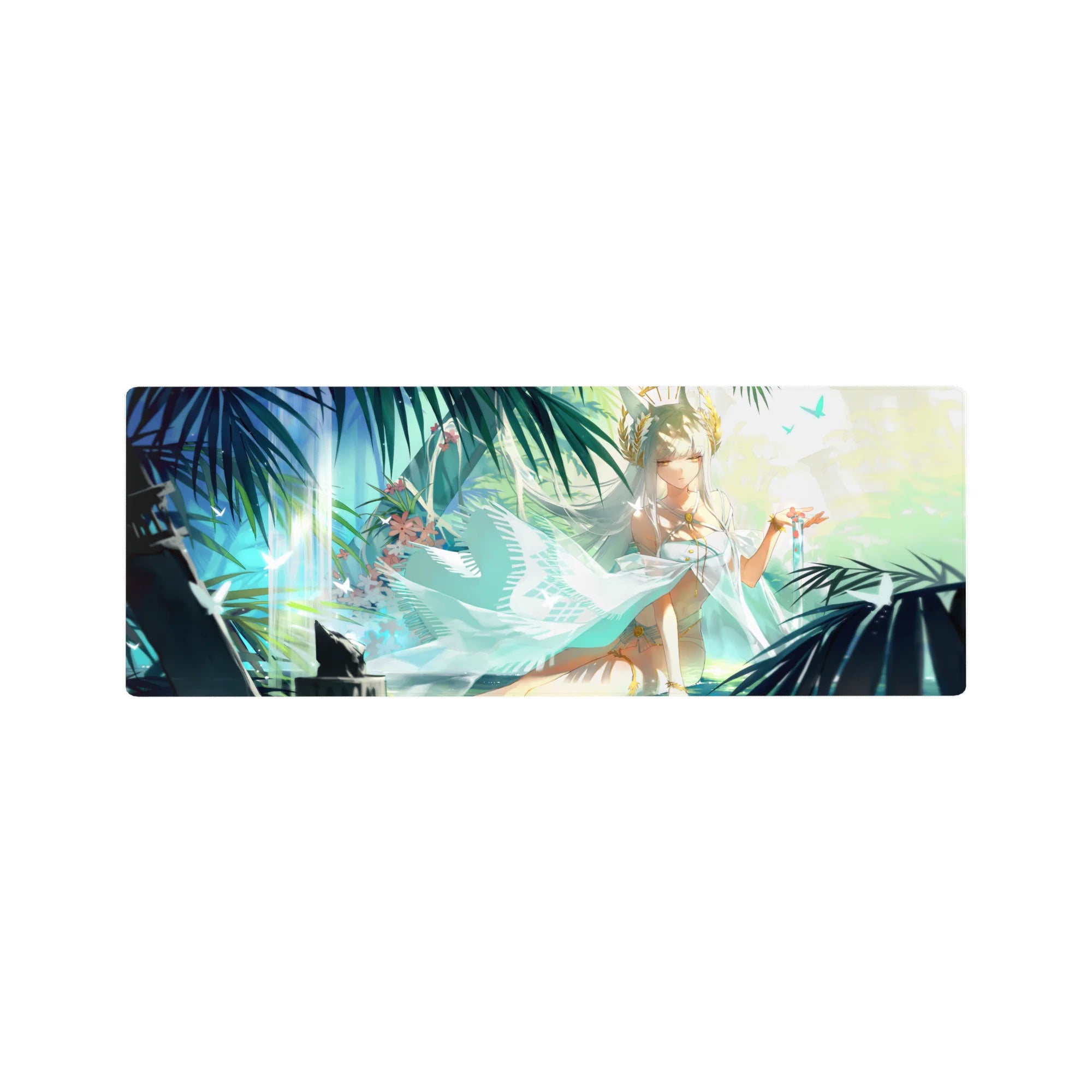32x12 inches anime girl mouse pad with white-haired goddess, tiny crown, teal palm background, petals.