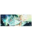 32x12 inches anime girl mouse pad with white-haired goddess, tiny crown, teal palm background, petals.