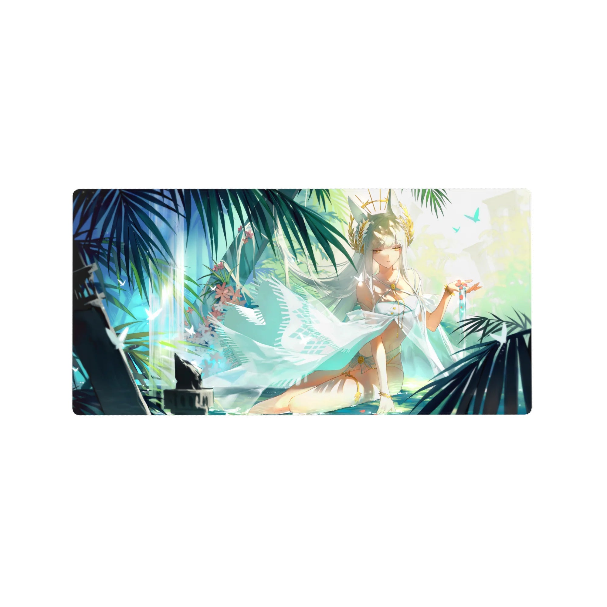 32x16 inches anime girl mouse pad with white-haired goddess, tiny crown, teal palms, petals and butterflies.