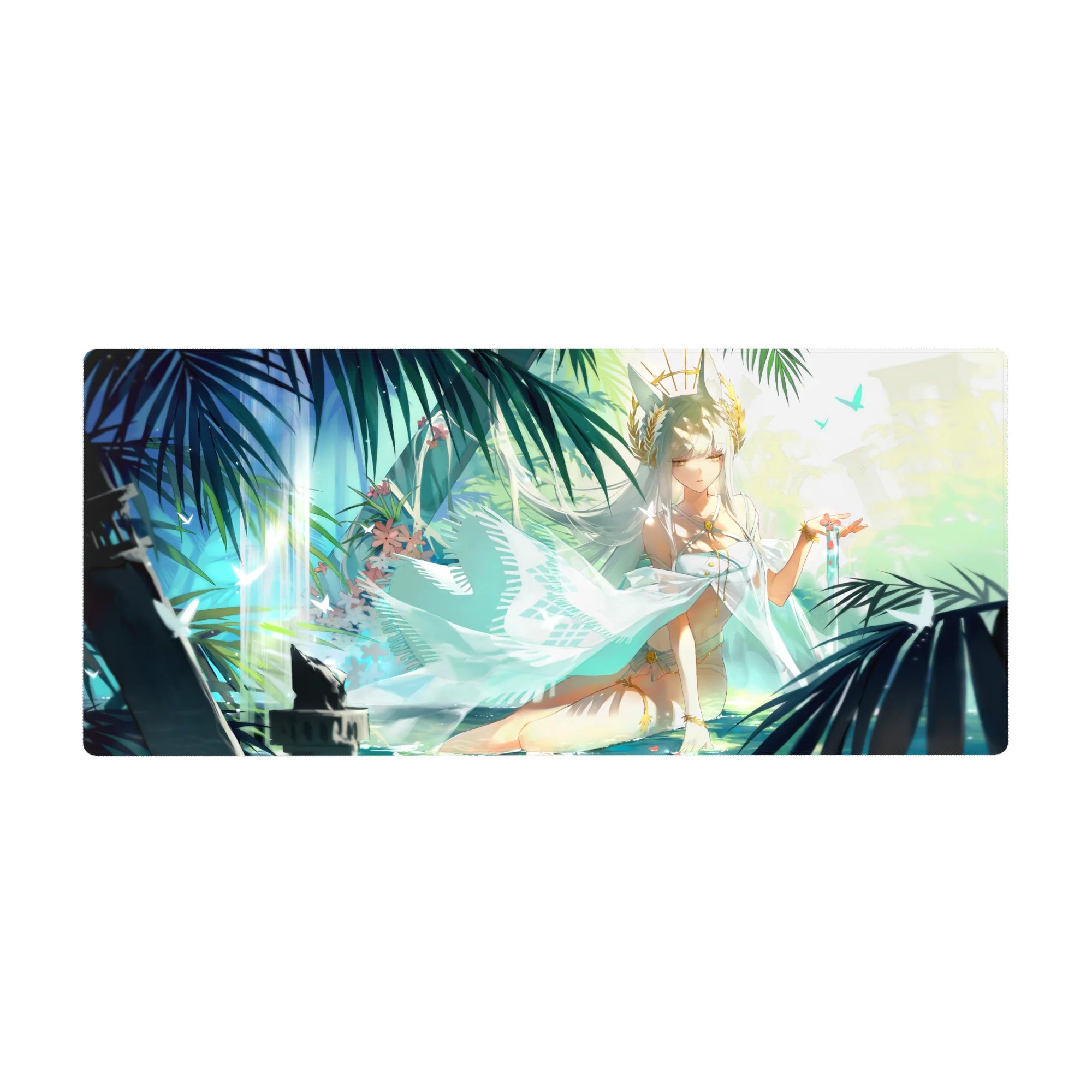 Anime girl desk pad 36x16 inches with white-haired goddess, tiny crown, teal palms, petals and butterflies.