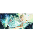 Anime girl desk pad 36x16 inches with white-haired goddess, tiny crown, teal palms, petals and butterflies.
