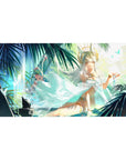 Anime girl desk pad 40x20 inches with white-haired goddess, tiny crown, teal palms, petals, butterflies.