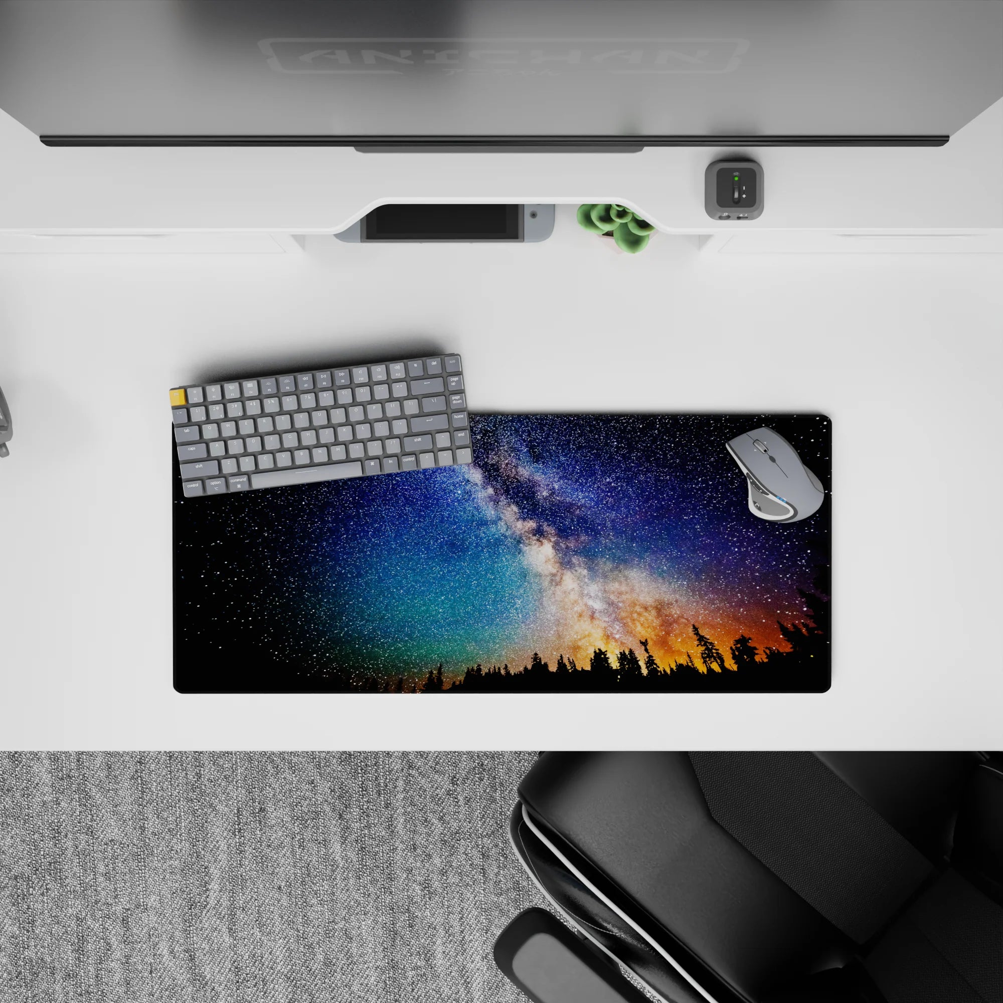 Cozy dreamy 28x12 inches mouse pad in deep navy, teal and indigo with warm amber horizon.