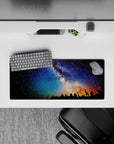 Cozy dreamy 28x12 inches mouse pad in deep navy, teal and indigo with warm amber horizon.