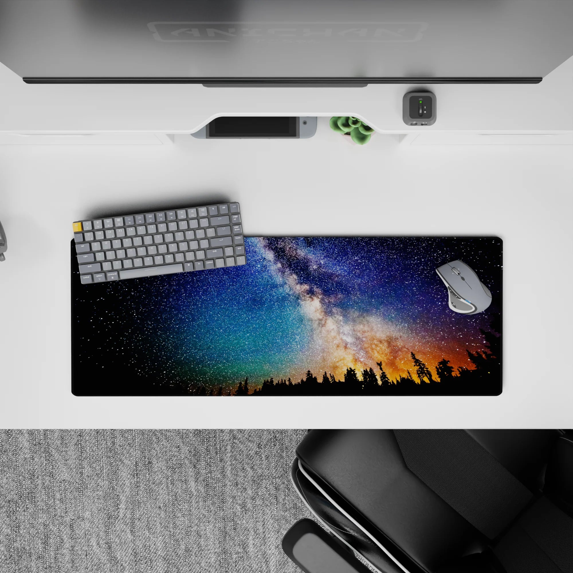 Cozy dreamy 32x12 inches mouse pad in deep navy, teal, and indigo with crisp stars and warm amber tones.