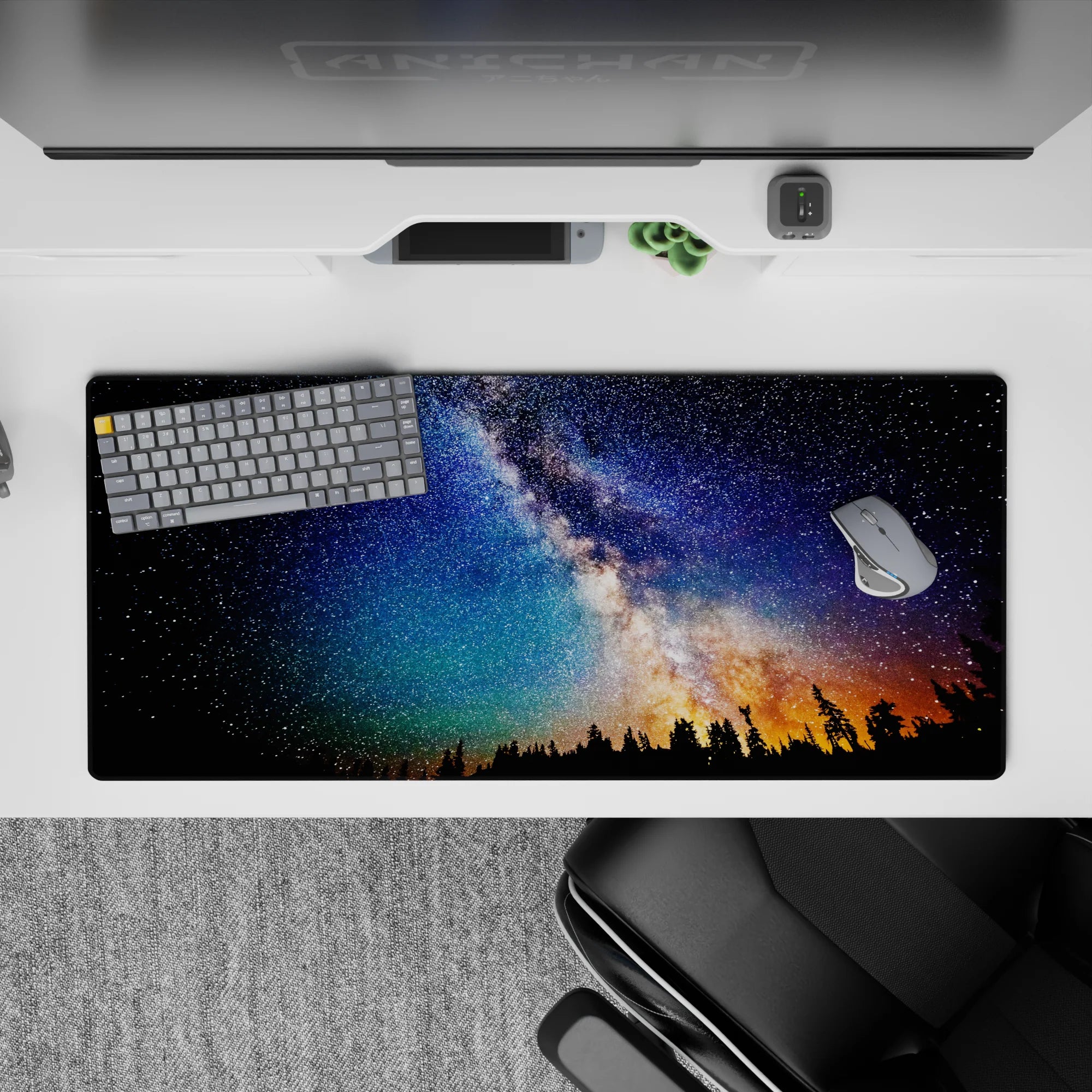 Dreamy navy, teal, and indigo gradient desk pad with crisp stars, cozy vibe, 36x16 inches.