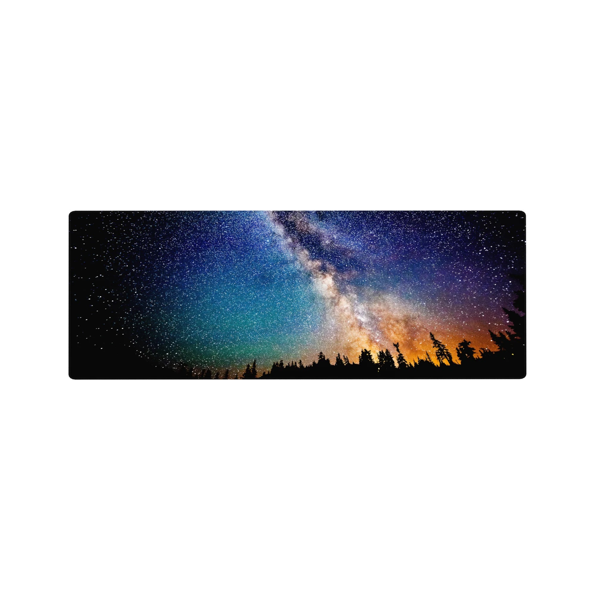 Milky Way night hike desk mouse pad, 32x12 inches, with starry sky and amber horizon glow.