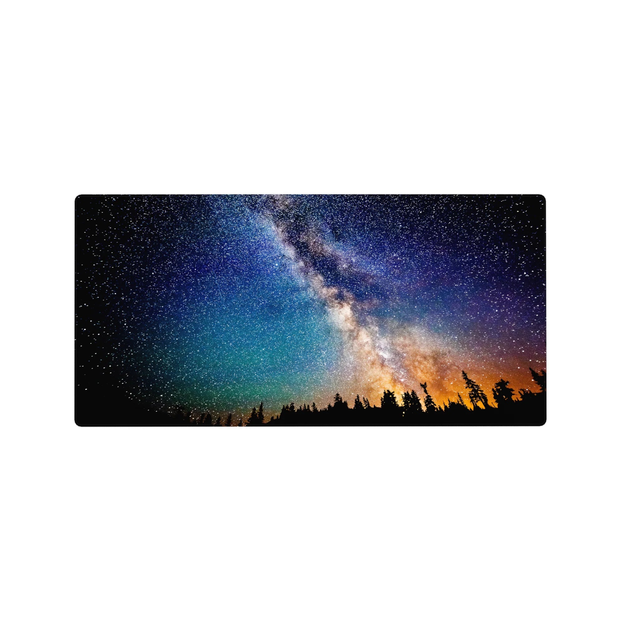 Milky Way night hike landscape mouse pad, 32x16 inches, with stars and amber horizon glow.