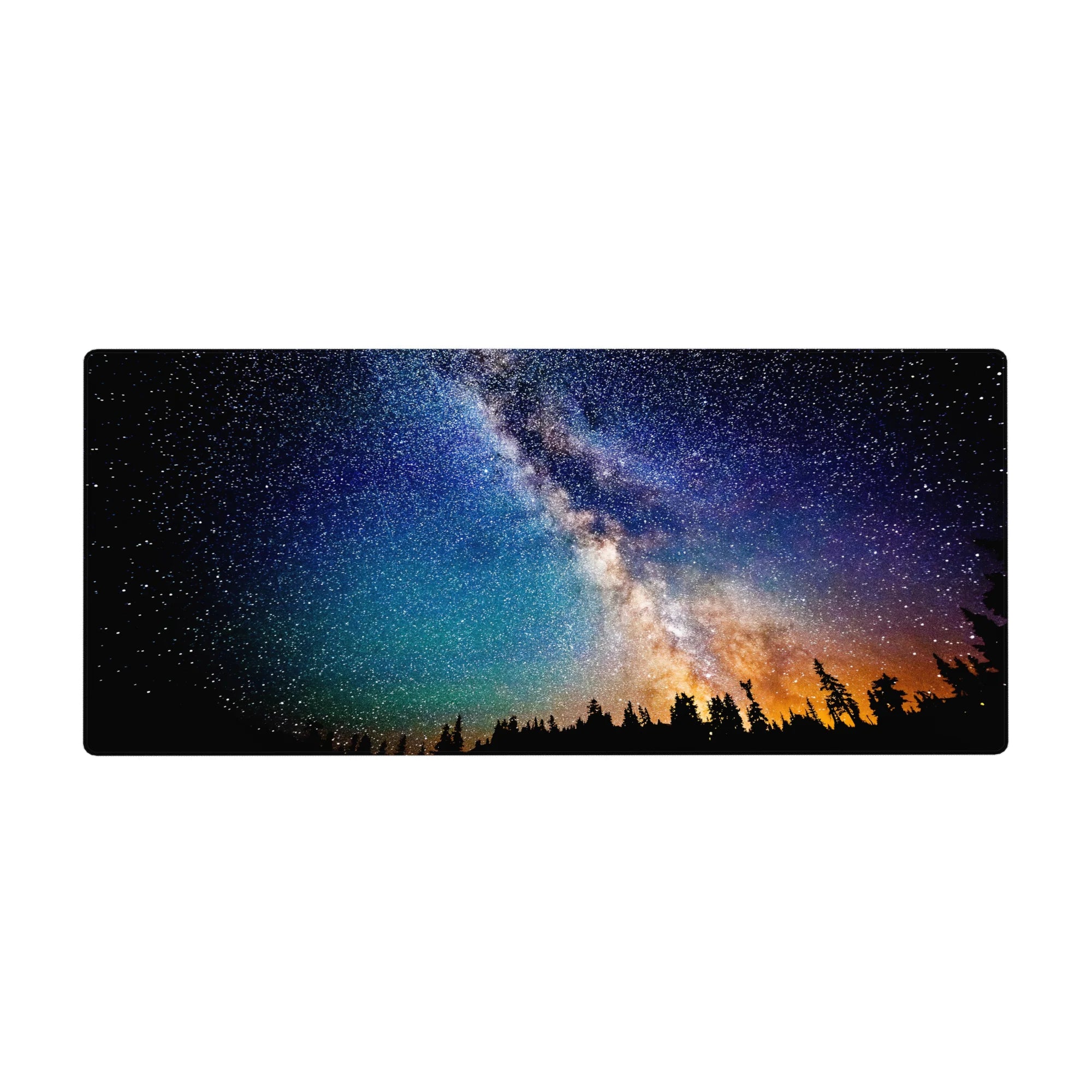 Milky Way night hike desk pad, starry sky with amber horizon glow, 36x16 inches.